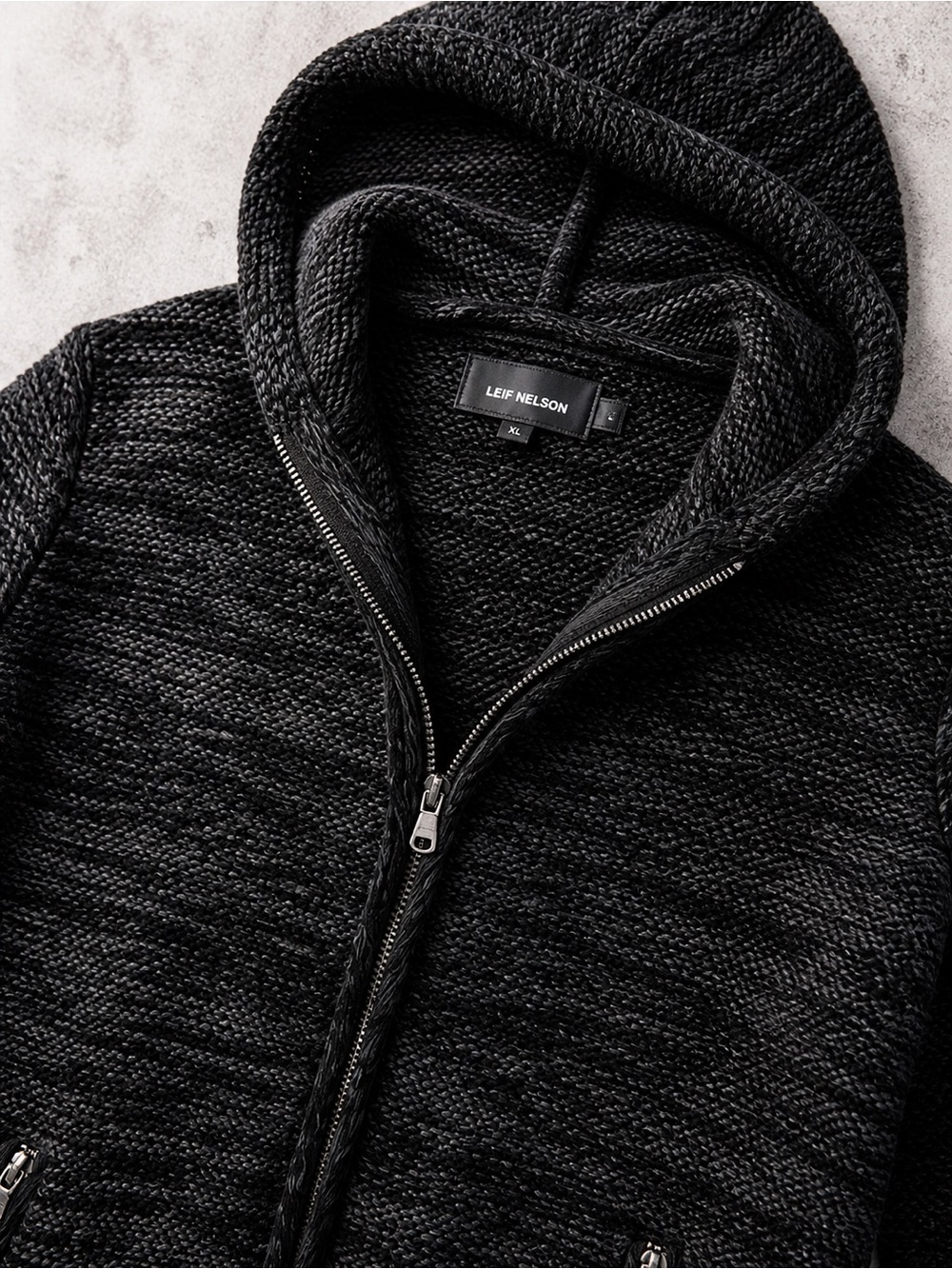 Leif Nelson Textured Knit Zip Sweater XL Black Minimalist Hooded Jacket Unisex